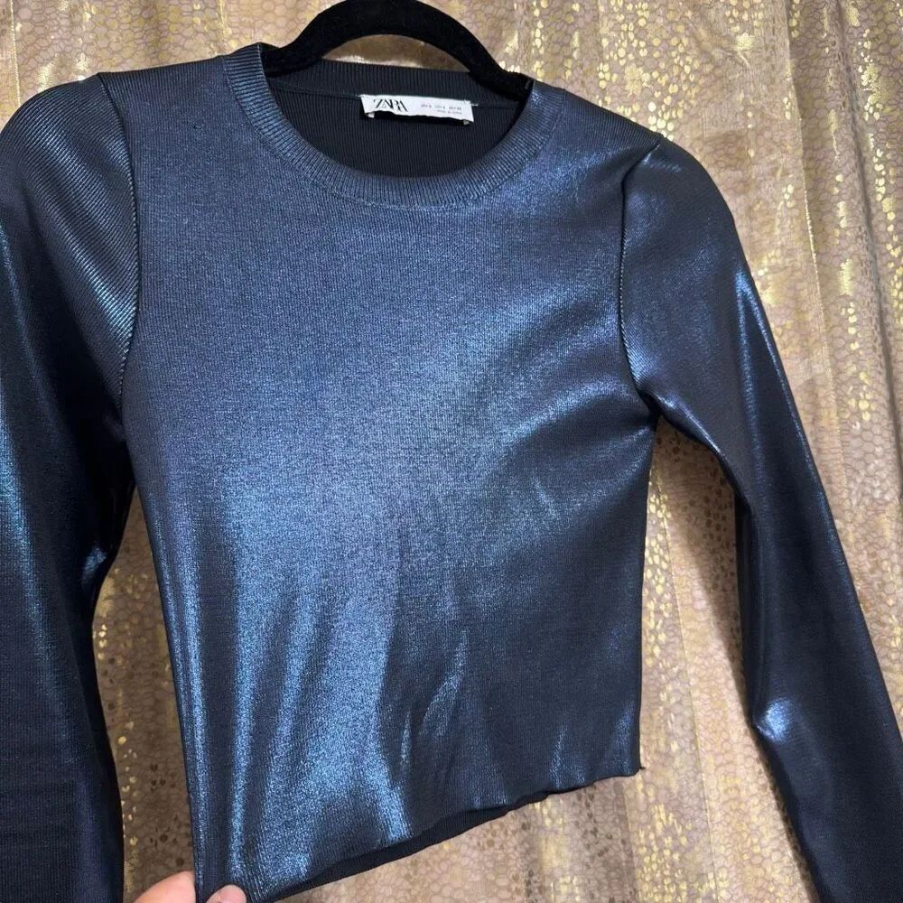 ZARA Navy Blue Metallic Foil Cropped Long Sleeve Futuristic Top Slim Small - Picture 7 of 8